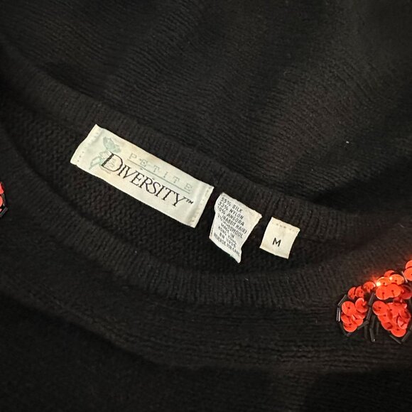 Vintage 80's Sweater Black Red Sequins Floral Dolman - Picture 7 of 7